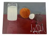 Michael Jackson, Still Life with Milk, Apple, and Egg, Oil on canvas board Signature: Signed in paint lower right