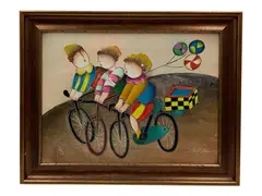 J. Roybal, Untitled (Children on Bicycles), Oil and Mixed Media on Canvas