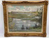Description: Large oil on canvas depicting a serene landscape with tall trees by Nikolaĭ Mikhaĭlovich Romadin, Oil on Board, offered Jun 2026