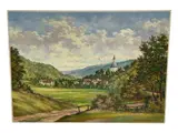 This picturesque mid-century German regional landscape captures a sweeping panoramic view of the village of Döhlen nestled within a rolling valley. The composition is grounded by a grassy by "Village of Döhlen" by E. Hermannsdörfer, Oil on Masonite, offered Jun 2026
