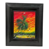 This dynamic small-scale landscape features a single wind-swept palm tree leaning over a shoreline under a vivid red and yellow sunset. The work is executed with thick by "Fire Sky" by Dominique Tynes Gibson, Acrylic and Oil on Canvas, offered Jun 2026