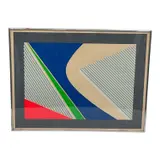 Argov, This geometric abstract silkscreen features a dynamic composition of hard-edged shapes and repetitive linear patterns. A central tan form curves across the field, Silkscreen