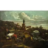Paesaggio con torrente e pastori by Johann Heinrich Roos, oil on canvas, offered Jun 2020