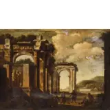 Ascanio Luciano, Paesaggio con capriccio architettonico e giocatori di bocce, oil on canvas