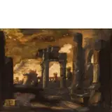 Ascanio Luciano, Paesaggio con capriccio architettonico, figure e torre sullo sfondo, oil on canvas
