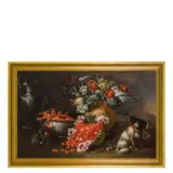 Nicola Casissa, Natura morta con fiori, frutta e un cane, oil on canvas