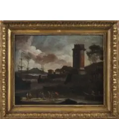 Adriaen van der Cabel, Veduta portuale con torre, oil on canvas