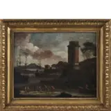 Adriaen van der Cabel, Veduta portuale con torre, oil on canvas