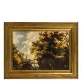 Pieter Cosijn, Paesaggio fluviale con ponte e viandanti, oil on panel
