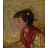 Giacomo Favretto, Venezia, 1849 - 1887 / Profilo di fanciulla con scialle rosso / Firmato G. Favretto in basso a destra