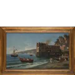 Giovanni Serritelli, Napoli, 1810 - dopo il 1880 / Barche di pescatori davanti a Palazzo Donn'Anna, oil on canvas