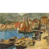 Nello Alessandrini, Empoli, 1885 - Firenze, 1957 / Porto con barche e figure / Firmato N Alessandrini in basso a destra, oil on tavoletta