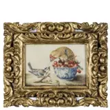 Vaso con ciliegie, pappagallo e uccellino by Teresa Berenice Vitelli, tempera on pergamena applicata on panel, offered Sep 2020