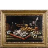 Giacomo Nani, Natura morta con tazzine, dolci, fiori e bacile, oil on canvas
