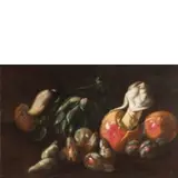 Angelo Maria Rossi, Natura morta con frutta, funghi e carciofo, oil on panel