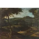 Gaspard Dughet, Paesaggio collinare con figure, oil on copper