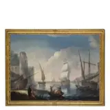 Francesco Antoniani, Veduta portuale con vascelli, oil on canvas
