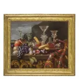 Pietro Navarra, Natura morta all'aperto con frutta e cristalli, oil on canvas