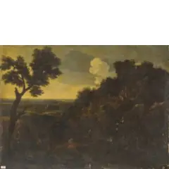 Gaspard Dughet, Paesaggio con borgo fortificato, torrente e tratto di costa sullo sfondo, oil on canvas
