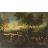 Paolo Anesi, Paesaggio con ponte, cavalieri e armenti, oil on canvas