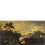 Michelangelo Cerquozzi, Paesaggio con pastori, ponte e casolare, oil on canvas