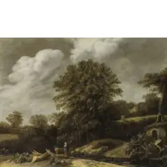 Salomon Rombouts, Paesaggio collinare con alberi e due figure vicino ad un ruscello, oil on canvas