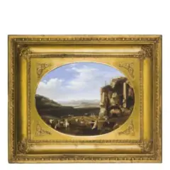 Jan van Haensbergen, Paesaggio con figure e ruderi, oil on copper ovale