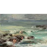 Antonio Schiaffino, Camogli, 1879 - Quarto, 1968 / Bagnanti sulla scogliera, oil on canvas applicata on cardboard