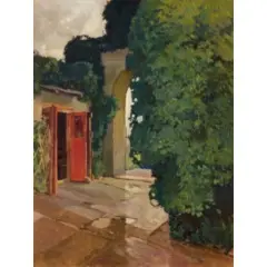 Vittorio Grassi, Roma, 1878 - 1958 / La porta rossa sul cortile / Firmato Vittorio Grassi in basso a sinistra, oil on panel