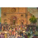 Vasco Menegozzo, Venezia 1886 - Biella 1974 / Piazza con figure davanti alla chiesa / Firmato V Menegozzo in basso a destra, oil on canvas