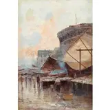 Oscar Ricciardi, Napoli, 1864 - 1935 / Scena di mercato a Castello Angiò, Napoli / Firmato Ricciardi in basso a sinistra