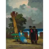 Renato Natali, Livorno, 1883 - 1979 / Conversazione tra carabinieri e una fanciulla / Firmato R Natali in basso a destra