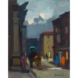 Renato Natali, Livorno, 1883 - 1979 / Carrozzelle e cavalli lungo la via a Livorno / Firmato R Natali in basso a destra