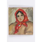 Uzhgorod, 1911 - 1987 / Ritratto di ragazza con foulard rosso / Firmato A Kotska in basso a destra by Andrey Andreevich Kotska, oil on canvas, offered Apr 2021