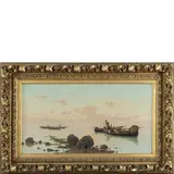 Pietro Barucci, Roma, 1845 - 1917 / Pesca al tramonto / Firmato P Barucci, Roma in basso a sinistra, oil on canvas