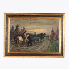 Felice Vellan, Torino 1889 - 1976 / Mercanti ad Arbanasse / Firmato Felice Vellan in basso a sinistra, oil on panel