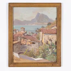 Franz Theodor Aerni, Aarburg (Svizzera) 1853 - ? 1918 / Paesaggio con lago e scorcio di borgo / Firmato Th Aerni in basso a sinistra, tempera on paper