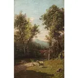 Luigi Bertelli, Caselle San Lazzaro 1832 - Bologna 1916 / Paesaggio agreste con contadini e animali / Firmato Bertelli e datato 1884 in basso a sinistra, oil on canvas