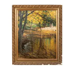Oswald Gette, Ruhland, 1872 - Berlino, 1941 / Veduta fluviale / Firmato Oswald Gette e datato 1914 in basso a sinistra, oil on canvas