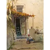 Salvatore Petruolo, Catanzaro, 1857 - Napoli, 1942 / Porticato con figura / Firmato S Petruolo e datato 1932 in basso a sinistra