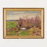 Valentin Gavrilovich Litvinenko, Kremenchug, 1908 - Kiev, 1979 / L'ultima neve / Firmato V Litvinenko e datato 70 in basso a sinistra, oil on cardboard