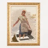 Vvedenka, 1918 - Kiev, 2011 / Donna con secchio sul fiume Dnepr / Firmato Artamonov e datato 73 in basso a destra by Olexiy Mykhaylovich Artamonov, oil on cardboard, offered Jul 2021