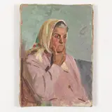 Olexandr Grigorovich Maksimenko, Vilkhovatka, 1916 - Kiev, 2011 / Ritratto di contadina / Firmato O Maksimenko, monogramma OM e datato 1962 in basso a destra, oil on canvas