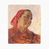 Karp Demjanovich Trokhimenko, Sushany, 1885 - Kiev, 1979 / Ritratto di contadina / Firmato e datato 1960 sul retro, oil on cardboard