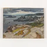 Tokarevo, 1928 - 2017 / Le navi militari nel porto / Firmato Solodovnikov in basso a destra by Olexiy Pavlovich Solodovnikov, oil on cardboard, offered Jul 2021