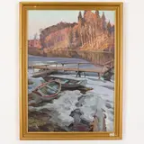 Mykhaylo Khmelko, Kiev, 1919 - 1975 / Barche sulla riva in primavera / Firmato M Khmelko e datato 1975 in basso a sinistra, oil on cardboard