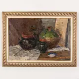 Lev Pavlovich Khodchenko, Shimanovka, 1912 - 1998 / Natura morta con ceramiche / Firmato L Khodchenko in basso a destra, oil on canvas