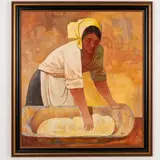 Igor Dmitrievich Vieru, Chernolevka, 1923 - 1983 / La mamma impasta il pane bianco / Firmato Vieru in basso a destra, oil on canvas