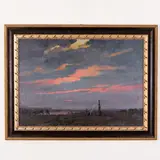Anatoly Nikonovich Volnenko, Kharkov, 1902 - 1965 / Paesaggio al tramonto con animali e figure, oil on canvas