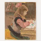 Sergey Alekseevich Grigoryev, Lugansk, 1910 - Kiev, 1988 / Bambina che disegna / Firmato S A Grigoryev e datato 85 in basso a sinistra, oil on cardboard